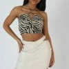 Kaiia ZEBRA PRINT STAPPY U TRIM CROP TOP STONE
