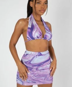 Kaiia PRINTED SLINY HALTERNECK TOP PURPLE