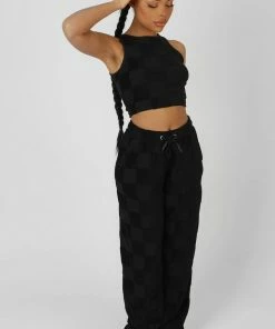 Kaiia CLOTHING CHECKERBOARD TOWELLING RACER CROP TOP BLACK