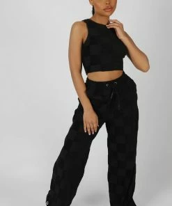 Kaiia CLOTHING WIDE LEG SPLIT HEM CHECKERBOARD TOWELLING JOGGERS BLACK