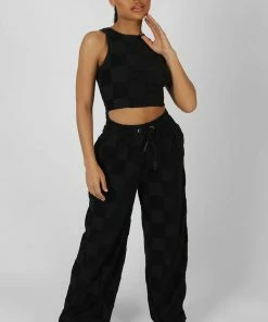 Kaiia CLOTHING WIDE LEG SPLIT HEM CHECKERBOARD TOWELLING JOGGERS BLACK
