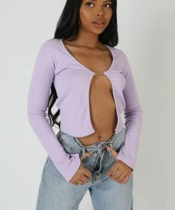 CLOTHING KAIIA TRIM RIBBED TOP LILAC