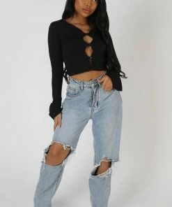 Kaiia LONG SLEEVE BUTTON DETAIL CROP TOP BLACK CLOTHING