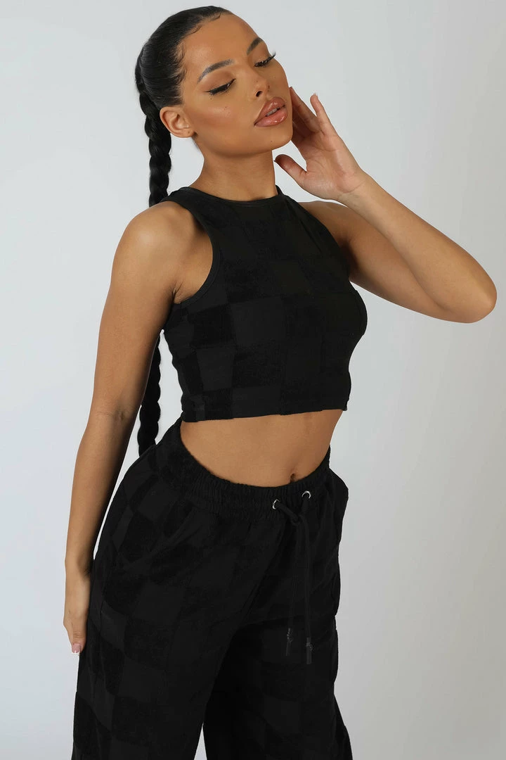 Kaiia CLOTHING CHECKERBOARD TOWELLING RACER CROP TOP BLACK 3 Kaiia CLOTHING CHECKERBOARD TOWELLING RACER CROP TOP BLACK