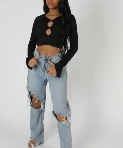 Kaiia LONG SLEEVE BUTTON DETAIL CROP TOP BLACK CLOTHING