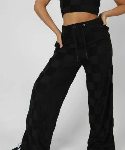 Kaiia CLOTHING WIDE LEG SPLIT HEM CHECKERBOARD TOWELLING JOGGERS BLACK
