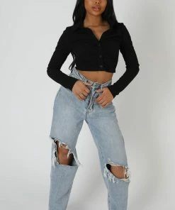 Kaiia CLOTHING BUTTON FRONT RUCHED TOP BLACK