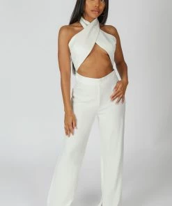 Kaiia CROSS FRONT HALTER WIDE LEG JUMPSUIT WHITE CLOTHING