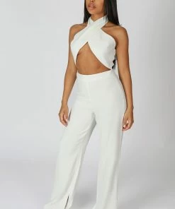 Kaiia CROSS FRONT HALTER WIDE LEG JUMPSUIT WHITE CLOTHING