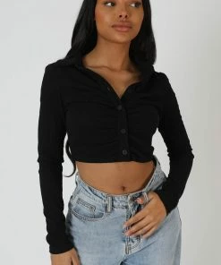 Kaiia CLOTHING BUTTON FRONT RUCHED TOP BLACK