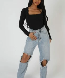 Kaiia UNDERBUST SEAM SQUARE NECK BODYSUIT BLACK CLOTHING