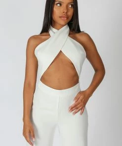 Kaiia CROSS FRONT HALTER WIDE LEG JUMPSUIT WHITE CLOTHING