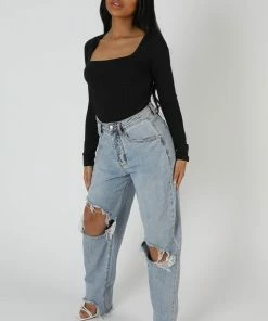 Kaiia UNDERBUST SEAM SQUARE NECK BODYSUIT BLACK CLOTHING