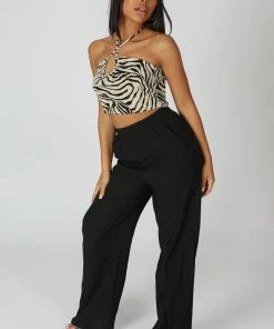 Kaiia CRINKLE ELASTICATED WAIST WIDE LEG TROUSERS BLACK
