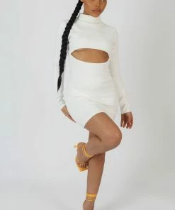 Kaiia LONG SLEEVE WAIST CUT OUT MINI DRESS IVORY CLOTHING