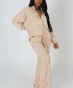 Kaiia OVERSIZED CHECKERBOARD TOWELLING SHIRT SAND CLOTHING