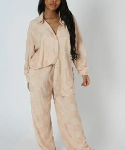 Kaiia WIDE LEG SPLIT HEM CHECKERBOARD TOWELLING JOGGERS SAND CLOTHING