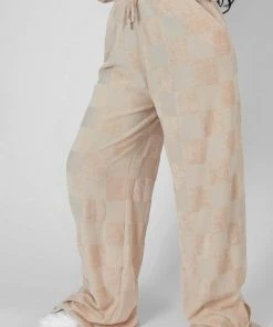 Kaiia WIDE LEG SPLIT HEM CHECKERBOARD TOWELLING JOGGERS SAND CLOTHING
