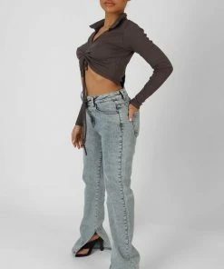 Kaiia CLOTHING LONG SLEEVE COLLAR RUCHED TOP TAUPE