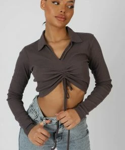 Kaiia CLOTHING LONG SLEEVE COLLAR RUCHED TOP TAUPE