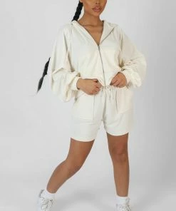 Kaiia ZIP THROUGH TOWELLING HOODIE ECRU