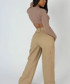 Kaiia CLOTHING ZIP THROUGH UNDERBUST RIBBED TOP SAND