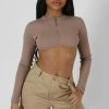 Kaiia CLOTHING ZIP THROUGH UNDERBUST RIBBED TOP SAND