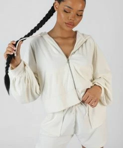 Kaiia ZIP THROUGH TOWELLING HOODIE ECRU