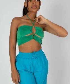 Kaiia SLINKY LOOP RUCHING CROP TOP GREEN CLOTHING