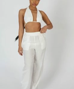 Kaiia CRINKLE ELASTICATED WAIST WIDE LEG TROUSERS WHITE CLOTHING