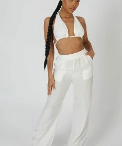 Kaiia CLOTHING CRINKLE HALTERNECK TOP WHITE