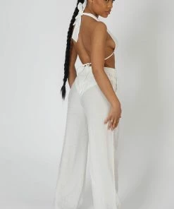 Kaiia CRINKLE ELASTICATED WAIST WIDE LEG TROUSERS WHITE CLOTHING