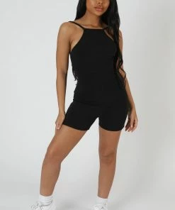 Kaiia RACER LOW BACK RIBBED UNITARD JUMPSUIT BLACK