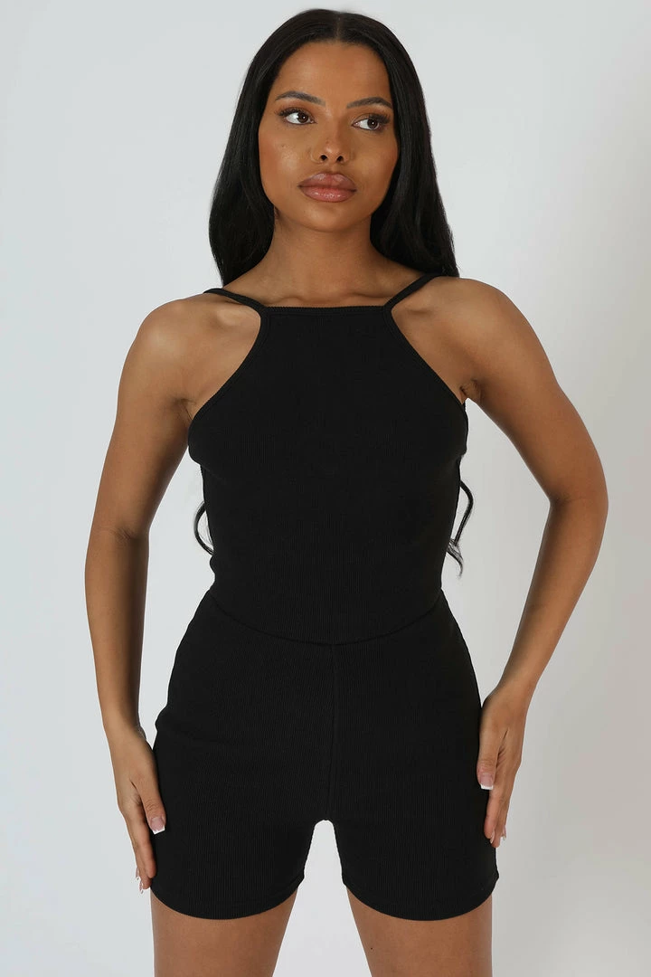 Kaiia RACER LOW BACK RIBBED UNITARD JUMPSUIT BLACK 4 Kaiia RACER LOW BACK RIBBED UNITARD JUMPSUIT BLACK