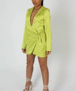 Kaiia CLOTHING TIE WAIST SATIN BLAZER DRESS LIME