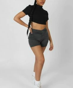 Kaiia CLOTHING HIGH NECK TIE BACK CROP TOP BLACK