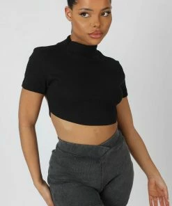 Kaiia CLOTHING HIGH NECK TIE BACK CROP TOP BLACK