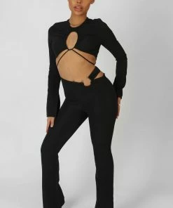 Kaiia LOOP RUCHING LONG SLEEVE TOP WITH SPLITS BLACK