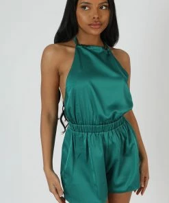 Kaiia HALTERNECK SATIN PLAYSUIT EMERALD