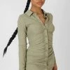 Kaiia BUTTON FRONT RUCHED DRESS KHAKI CLOTHING