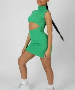 Kaiia RIB CUT OUT BODYCON MINI DRESS GREEN CLOTHING