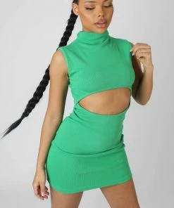 Kaiia RIB CUT OUT BODYCON MINI DRESS GREEN CLOTHING