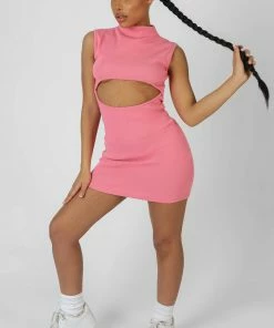 Kaiia CLOTHING RIB CUT OUT BODYCON MINI DRESS PINK 10 Kaiia CLOTHING RIB CUT OUT BODYCON MINI DRESS PINK