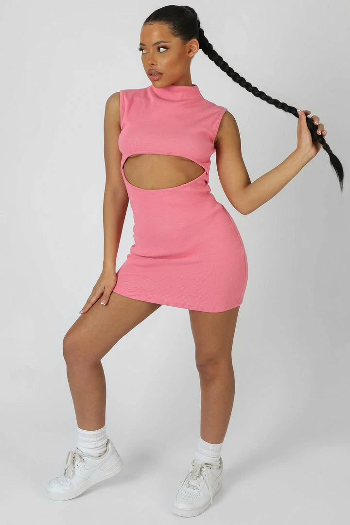 Kaiia CLOTHING RIB CUT OUT BODYCON MINI DRESS PINK 5 Kaiia CLOTHING RIB CUT OUT BODYCON MINI DRESS PINK