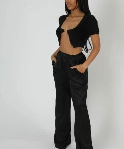 Kaiia SATIN ZEBRA PRINT WIDE LEG TROUSERS BLACK CLOTHING