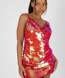 Kaiia COWL NECK CROSS BACK SEQUIN MINI DRESS IRIDESCENT RED CLOTHING