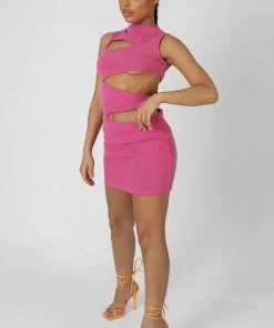Kaiia CLOTHING ASYMMETRIC CUT AWAY MINI DRESS MAGENTA