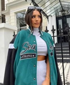 Kaiia SEATTLE VARSITY JACKET FOREST GREEN CLOTHING