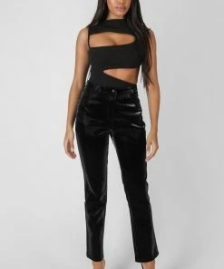 Kaiia HIGH SHINE VINYL STRAIGHT LEG TROUSERS BLACK