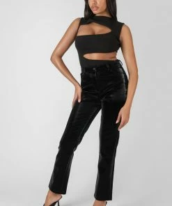 Kaiia HIGH SHINE VINYL STRAIGHT LEG TROUSERS BLACK